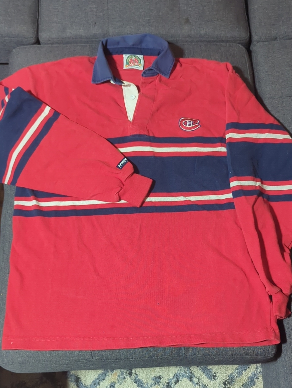 Men's Red & Navy Long-Sleeve Rugby Shirt with Team Patch